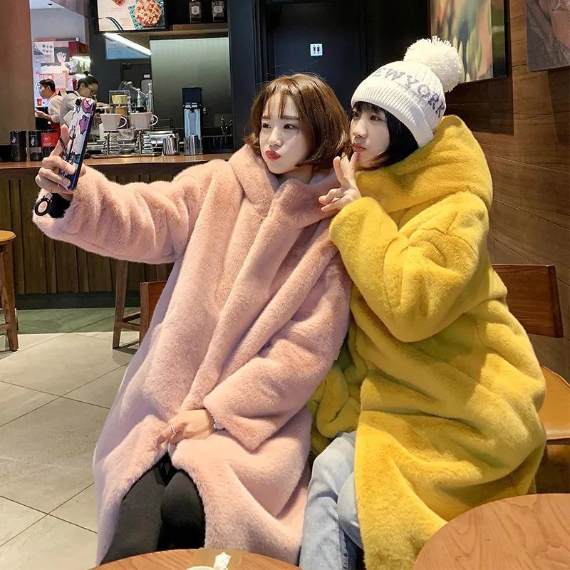 Winter Mink Fleece Jacket Hooded Thick Warm Mid-length Fur All-in-one Plush Coat for Women