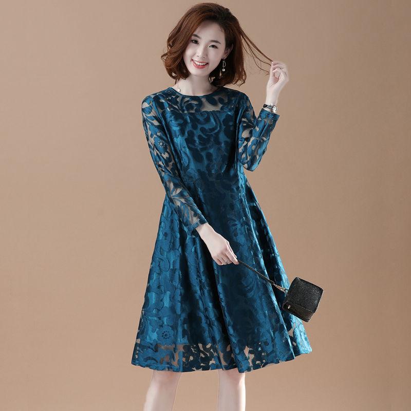 Large Size Lace Long-sleeved Dress Female Spring Summer Thin Hollow A-line Skirt All-match Dinner Dress