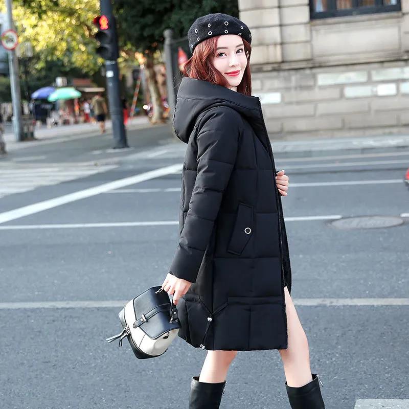 Winter Down Jacket Fashion Slim Zipper Hooded Cotton Jacket Women's Mid-length Solid Color Plus Size Down Coat