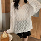 V-neck Knitted Sweater Hollow Loose Long-sleeved Thin Sunscreen Top Women's Blouse Tops Summer