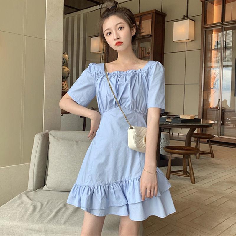Women's Spring and Summer French Elegant Thin Irregular Square Collar Waist Slim Ruffle Dress