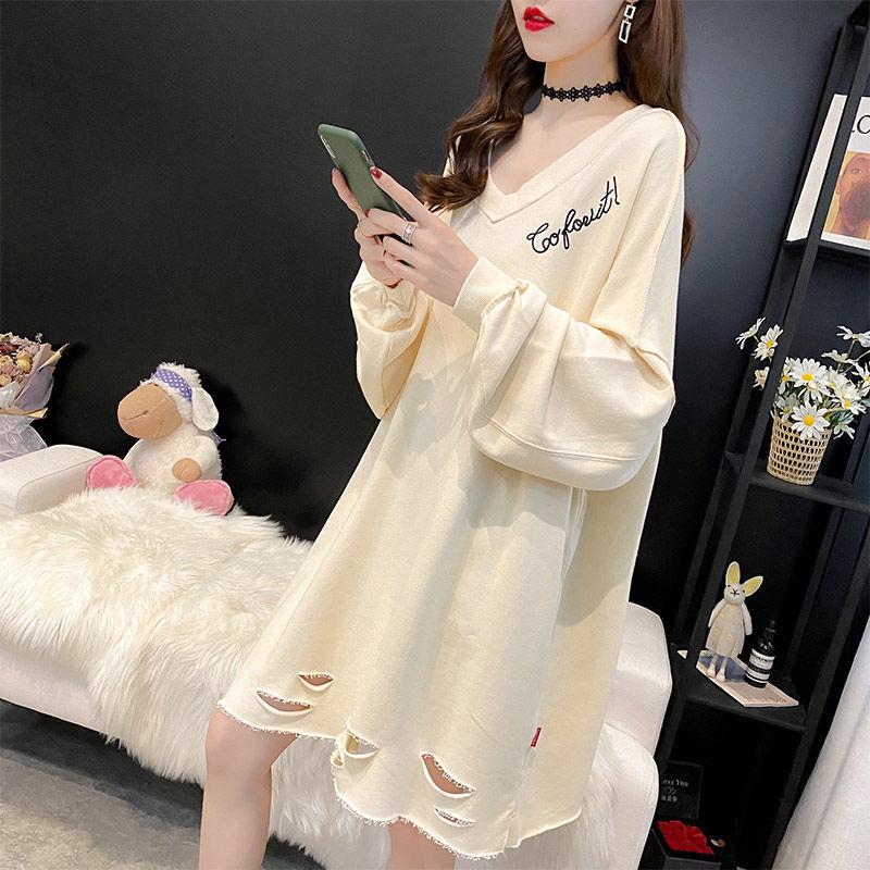 Mid-length Loose Plus Size Sweater Women Long-sleeved V-neck Ripped Tops Spring and Autumn Thin Bottoming Shirt