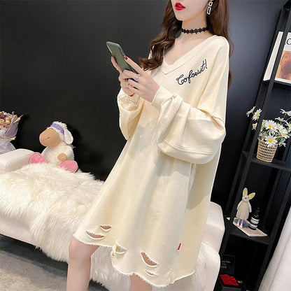 Mid-length Loose Plus Size Sweater Women Long-sleeved V-neck Ripped Tops Spring and Autumn Thin Bottoming Shirt