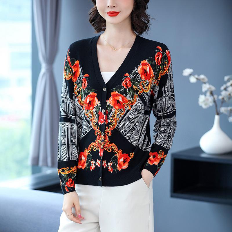 Women's  Print Cardigan Autumn and Winter Retro Loose Wool Sweater Plus Size Short Cardigan Sweater