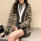Autumn and Winter Retro Striped Knitted Sweater Loose Cardigan Large Size Blouse Elegant Jacquard Young and Middle-aged Ladies Jacket