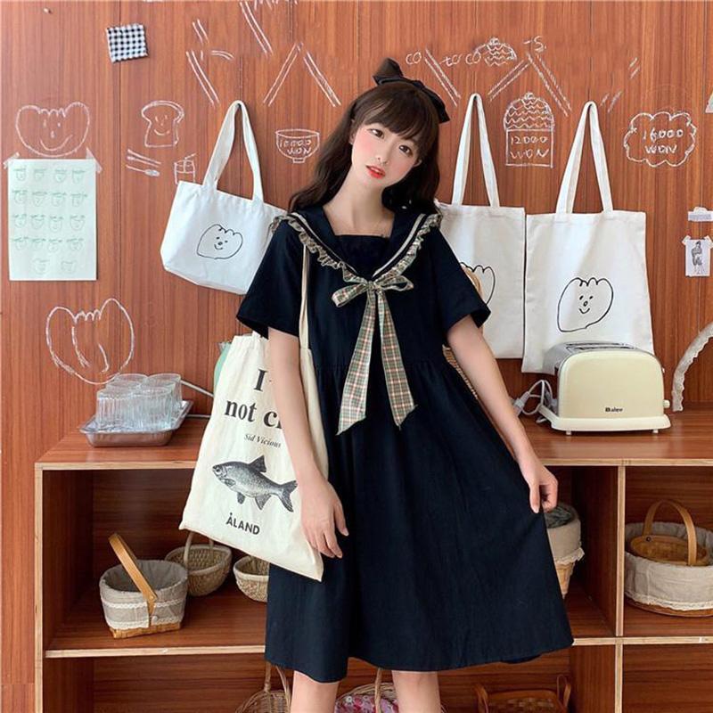 Solid Color Sailor Collar Navy Dress Sweet Bow-knot Girl Retro Style Student Girls Knee-length Dress