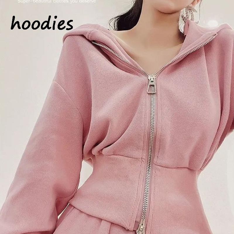 Women Hoodies Hooded Sweatshirts Zippers Tops Pink Loose Casual Clothes Oversized Harajuku Tracksuit Hoodies Suit Sweatshirts Set