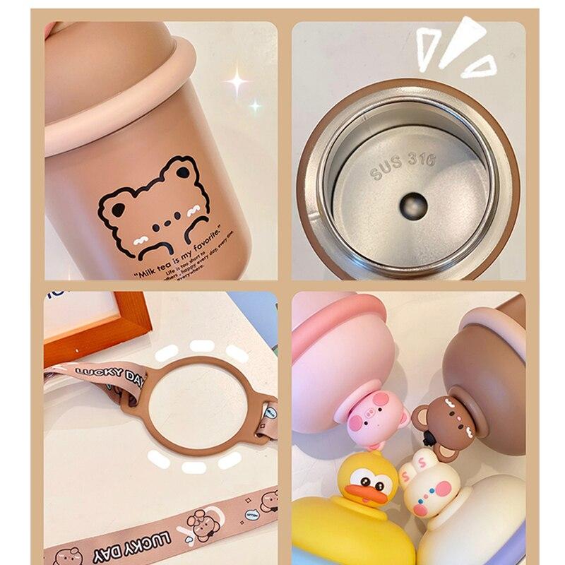 Korean Version of The Super Cute Cartoon Bear 316 Stainless Steel Thermos Cup Cute Girl Ins Strap Student Children's Cup
