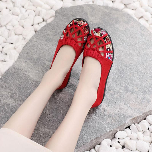 Summer Old Beijing Cloth Shoes Women's Net Shoes Single Shoes Hollow Non-slip Soft Bottom Middle-aged and Elderly Mother Shoes Pedal Sandals Women
