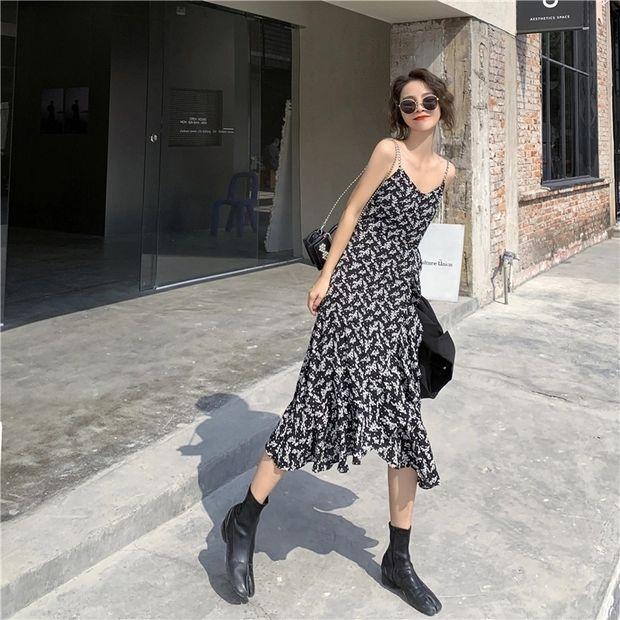 Female Vintage Floral Bottom Adjustable Drawstring Elegant Dress Slim Graceful Holiday Print Dress