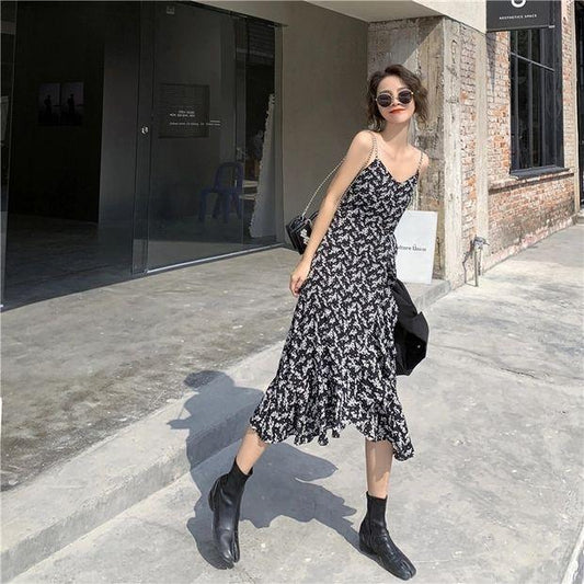 Female Vintage Floral Bottom Adjustable Drawstring Elegant Dress Slim Graceful Holiday Print Dress