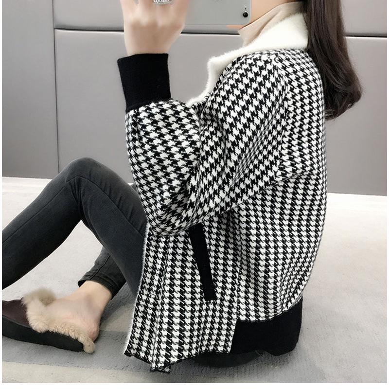 Autumn and Winter Knitted Cardigan Long Sleeve Lapel Loose Sweater Korean Fashion Plaid Jacket