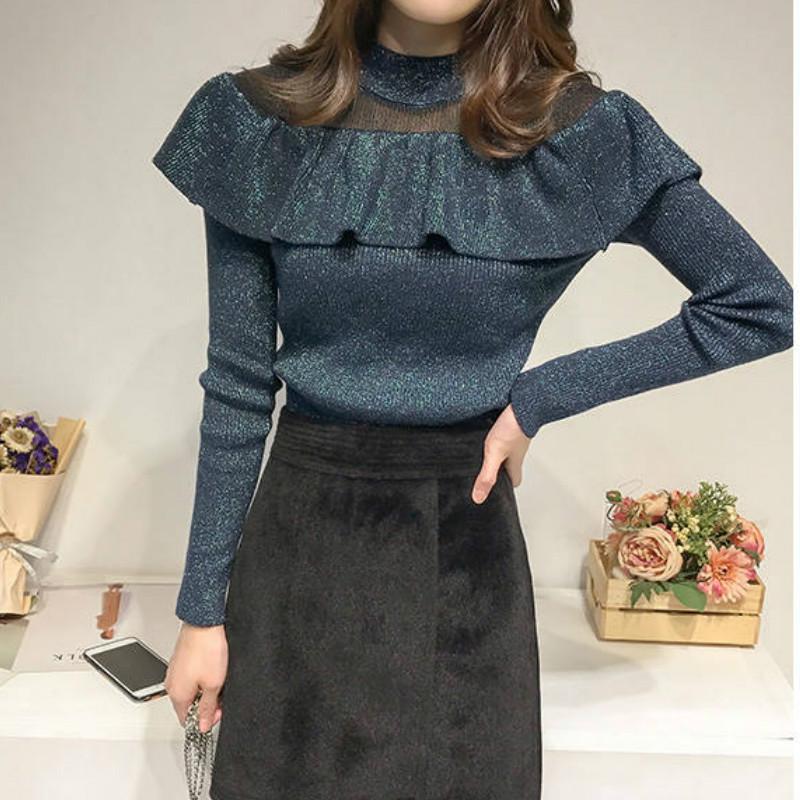 Bright Silk Ruffled Glitter Gold Thread Pullover Long sleeve Knitted Bottoming Sweater
