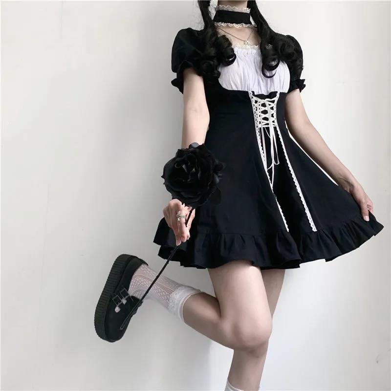 Lolita Style Puff Sleeve Bandage Sweet Sailor Collar Lace Dress Kawaii Ruffles Girl Cosplay Japanese Dress