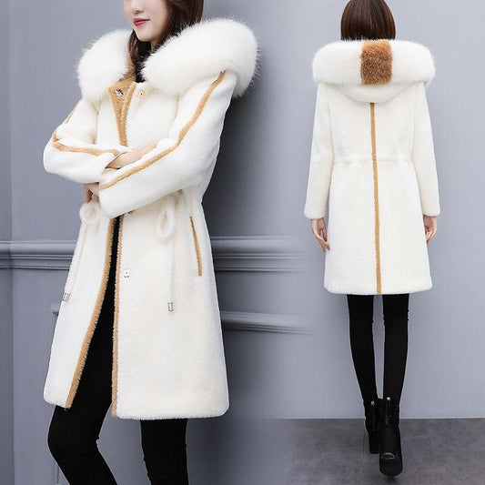 Winter Faux Woolen Coat Women's Long Thick Warm Hooded Coat Slim Plus Size Overcoat with Faux Mink Fur Collar