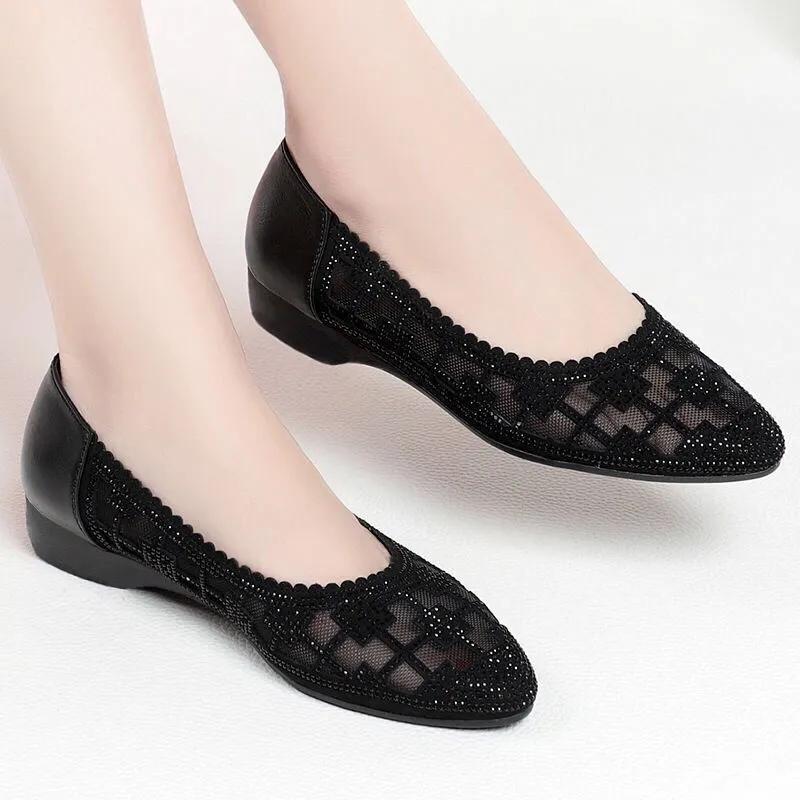 Sandals Women's Bag Skirt Flat Hollow Mesh Single Shoes Spring and Summer Low Heel Shoes Flat Shoes Black Casual Shoes
