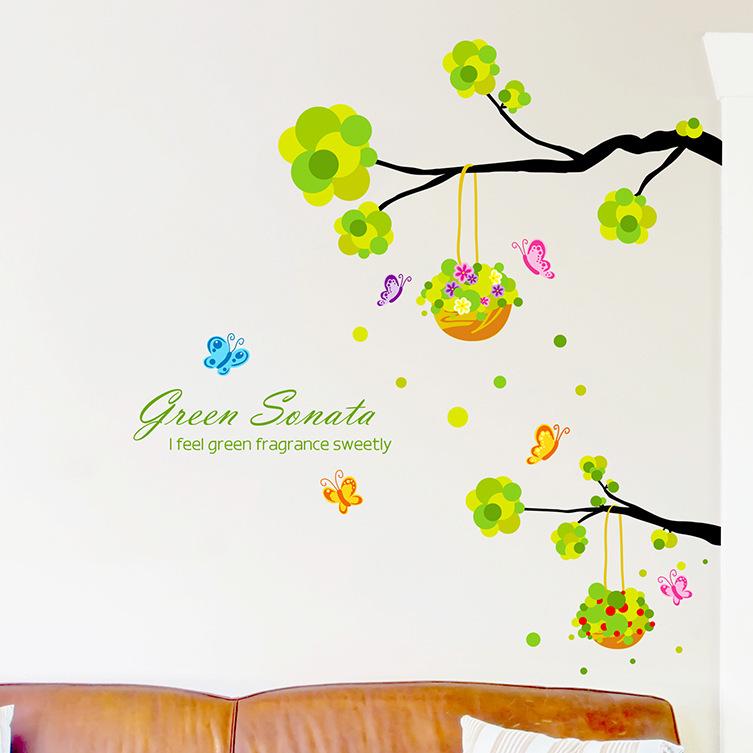[Twig basket] third generation removable wall sticker PVC transparent green plants tree wallpaper