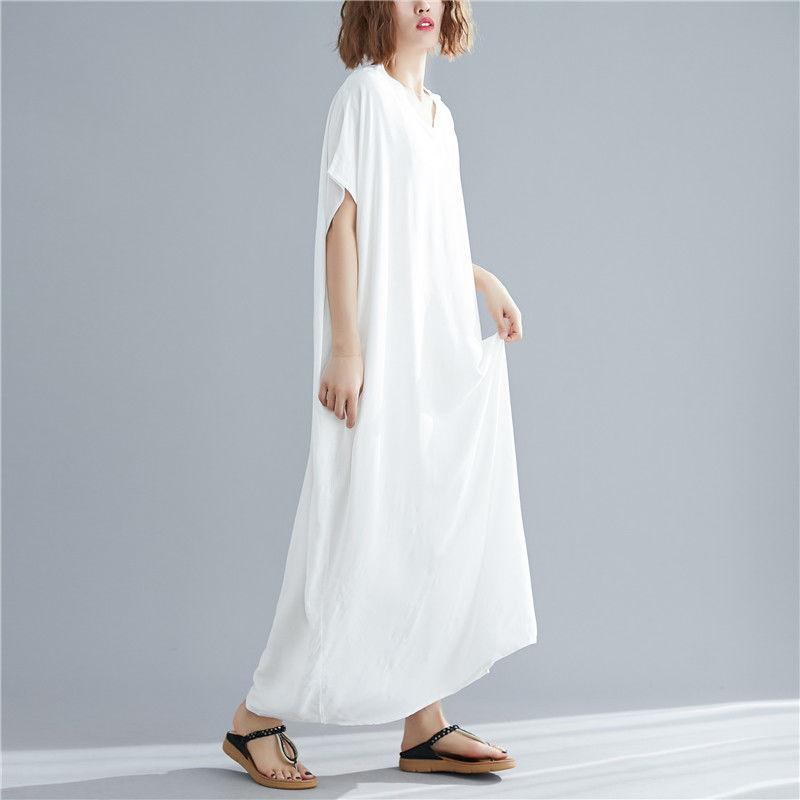 WTEMPO Plus Size Women Dress Summer V-neck Solid Color Long Dress Casual Bohemia Long Robe Full Length