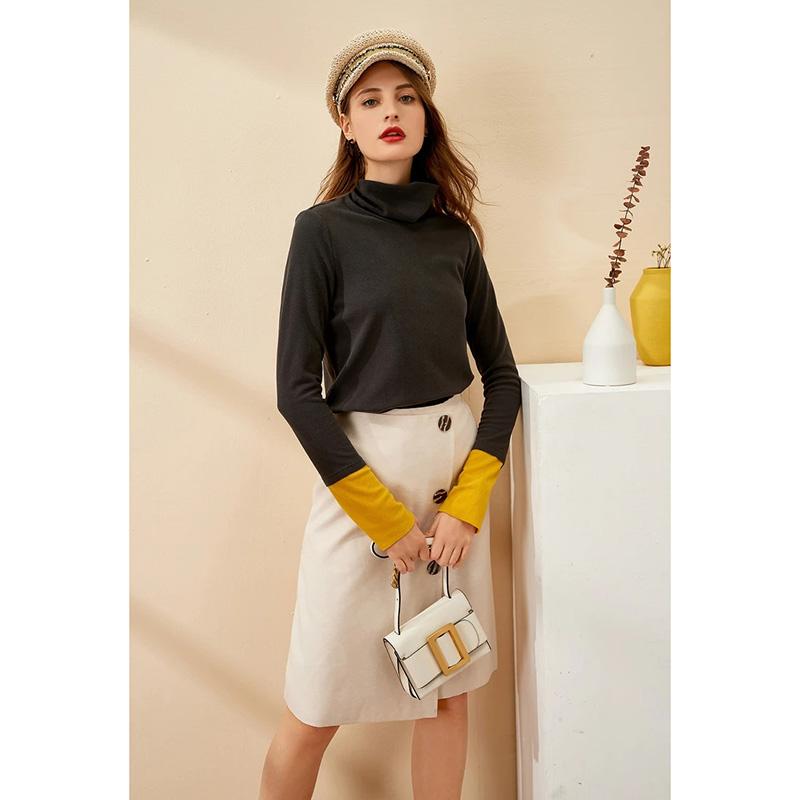 Women's High Neck Knitted Shirt Skin-friendly Breathable Stitching Color Bottoming Shirt Pull Over High Collar Loose Fit Long Sleeves T-shirt Basic