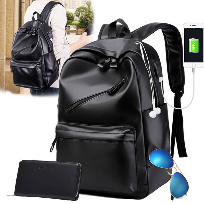 Men Backpack External USB Charge Waterproof Backpack Fashion PU Leather Travel Bag Casual School Bag