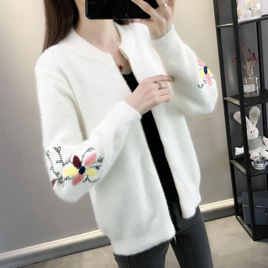 Imitation Mink Fleece Knitted Cardigan Spring and Autumn Loose Short Coat Fashion Thick Top