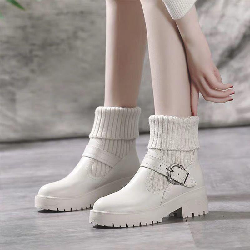 Female Socks Stitching Leather Martin Boots All-match Student Block Heel Ankle Boots British Style Snow Boots Black and White