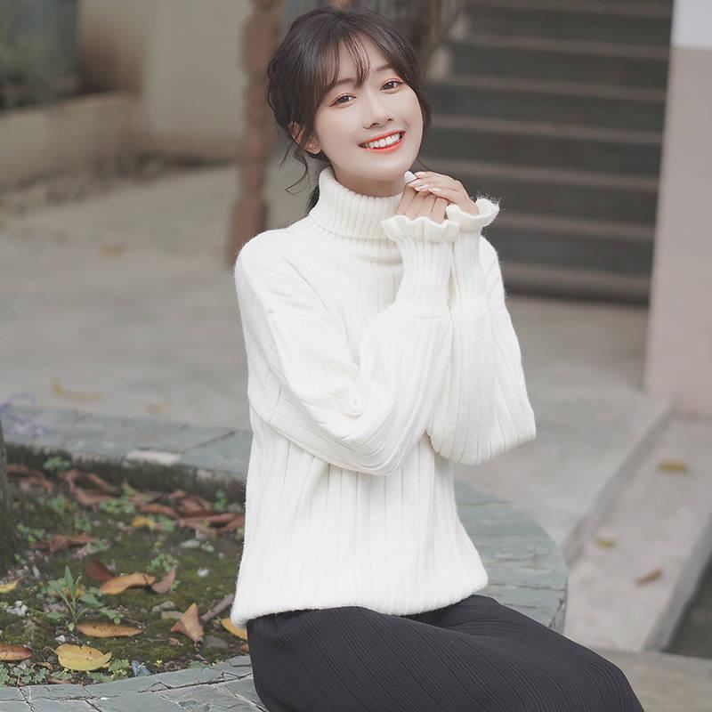 Thick Solid Color Inner Pull-up Turtleneck Sweater Women Lantern Sleeves Wild Knitted Top
