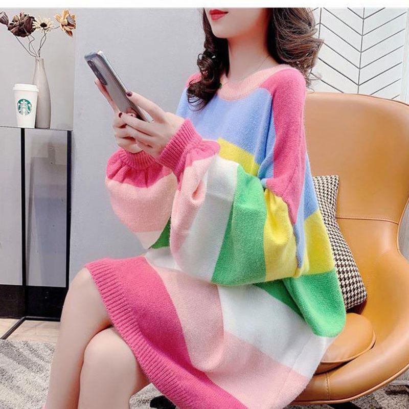 Girl Student Loose Jacket Round Neck Pullover Simple Sweater Rainbow Stripe Long Sleeve Fashion Top