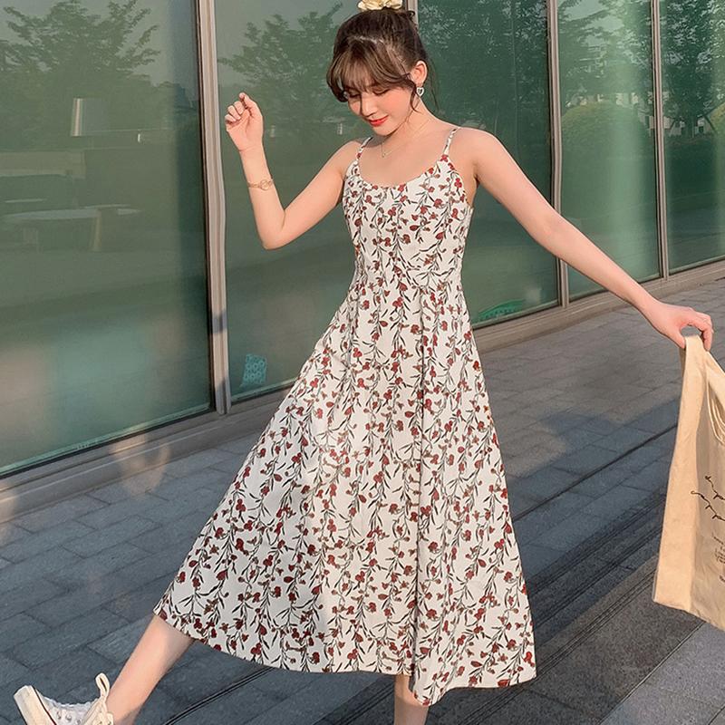 Floral Sling Dress Artificial Ice Silk Fabric Cool and Breathable A-line Skirt Mid-length Skirt Slim Female Sling Halter Dress
