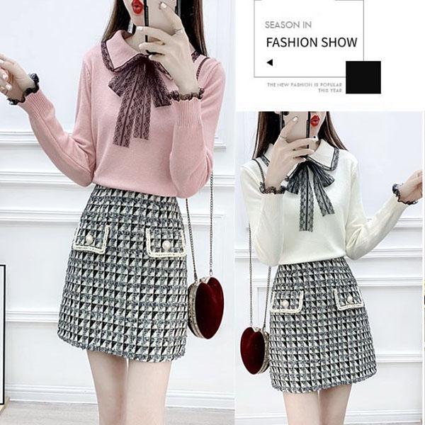 Autumn and Winter Sweet Sweater Suit Women's Bowknot Lapel Sweater Top and High Waist Short Plaid Woolen Skirt Two-piece Suit
