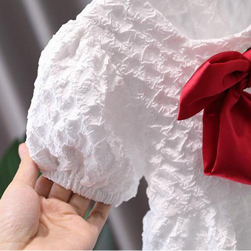 Girls Short Sleeve Dress Summer Thin White Children Princess Dress Summer Dress Cute Red Bow A-line Skirt