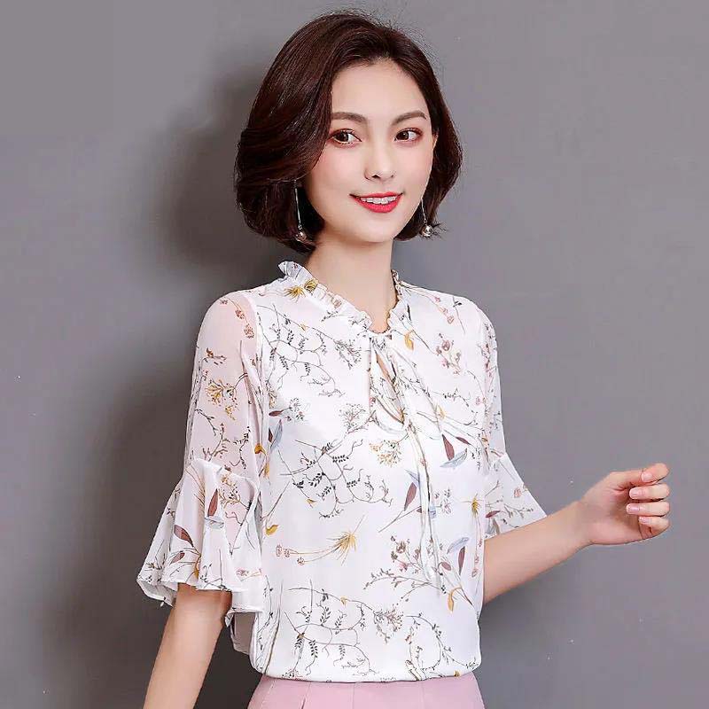 Women's Spring and Autumn Chiffon Short Sleeve Top Tie Bow Print T-Shirt