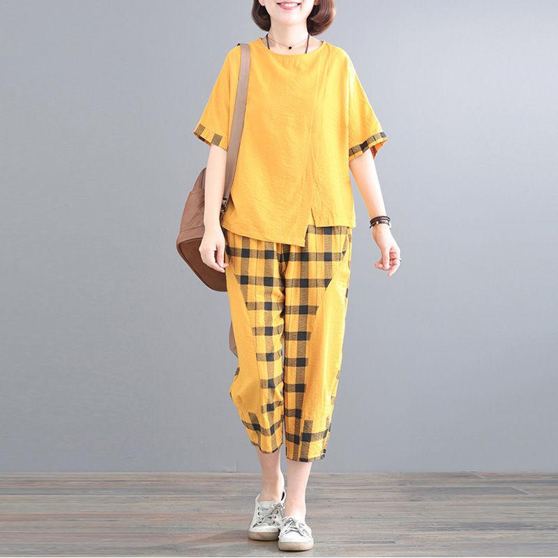 Suit Summer Plaid Casual Suit Loose Large Size Was Thin Two-piece Casual Suit Home Service Fabric Light and Breathable Sweat-absorbent