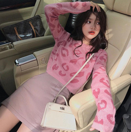 Autumn Fashion Loose Sweater Leopard Print Short Loose Pullover Short Round Neck Young Women's Knitwear