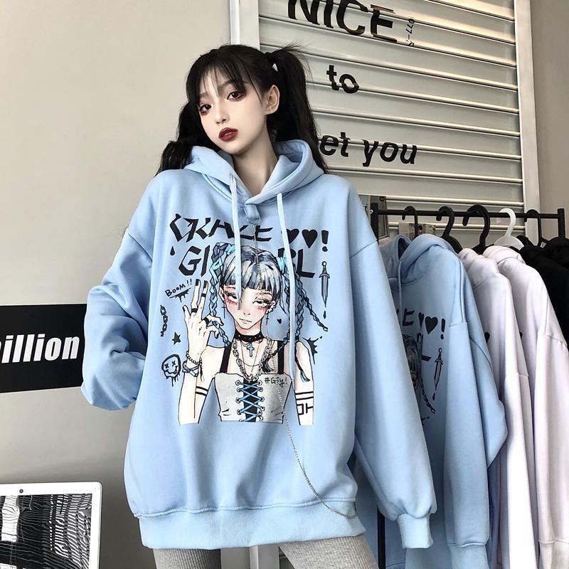 Punk Gothic Hoodies Black White Anime Printed Fashion Japanese Style Pullover Sweatshirts with Chain Girl Hip Hop Hipster Tops Fleece Thick Winter