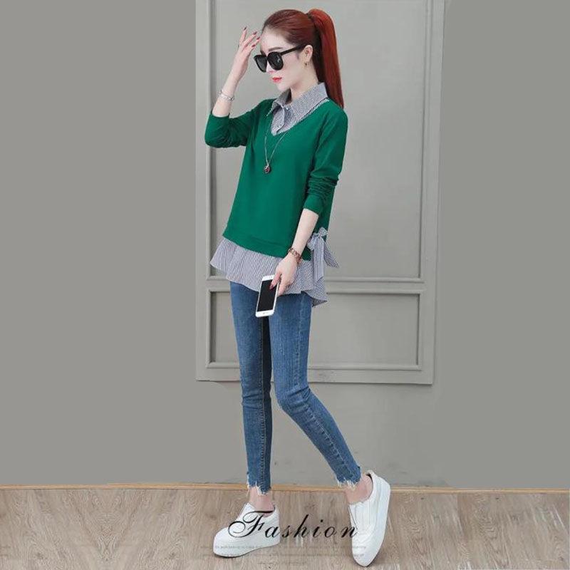 Cotton Plus Size Fake Two-piece Blouse Fall Loose Long Sleeve Sweater Women