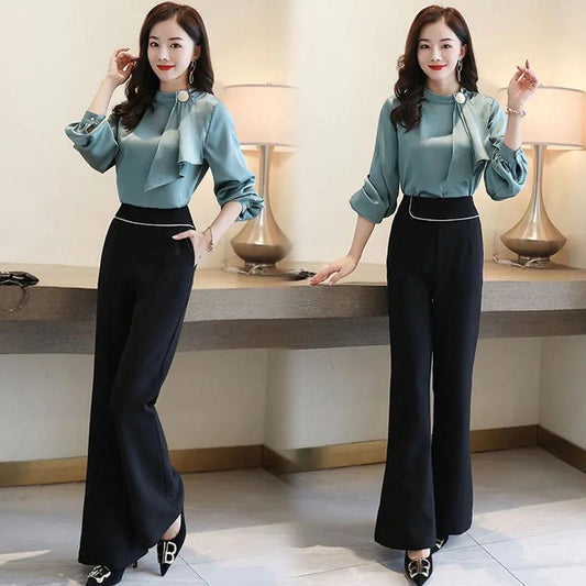 Wide Leg Pants Suit Spring and Autumn Dress Temperament Small Fragrance Thin Flared Pants Chiffon Shirt Suit Temperament Workwear