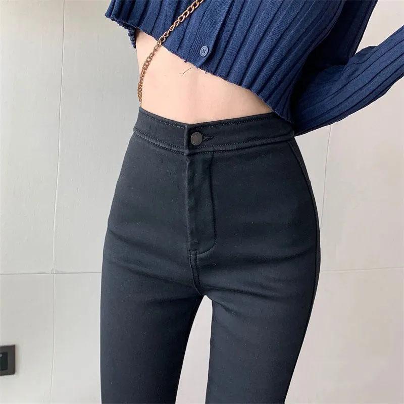 Women's High Waist Tight Elastic Pants Bag Hip Jeans Pencil Pants Students Slim and Tall Nine-point Pencil Pants