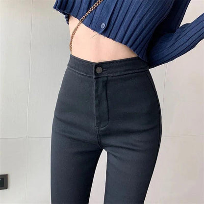 Women's High Waist Tight Elastic Pants Bag Hip Jeans Pencil Pants Students Slim and Tall Nine-point Pencil Pants