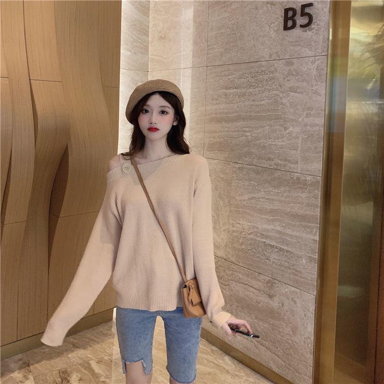 Autumn and Winter Loose Pullover Sweater Feminine Off-shoulder Long-sleeved Knitted Solid Color Warm Bottoming Top