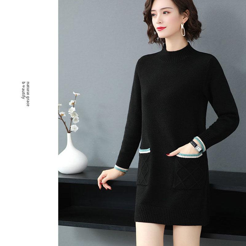 Autumn Winter High Quality pullover Sweater Dress Women Knit Dress thick Long Sweater Dress with Pockets  Outer Wear