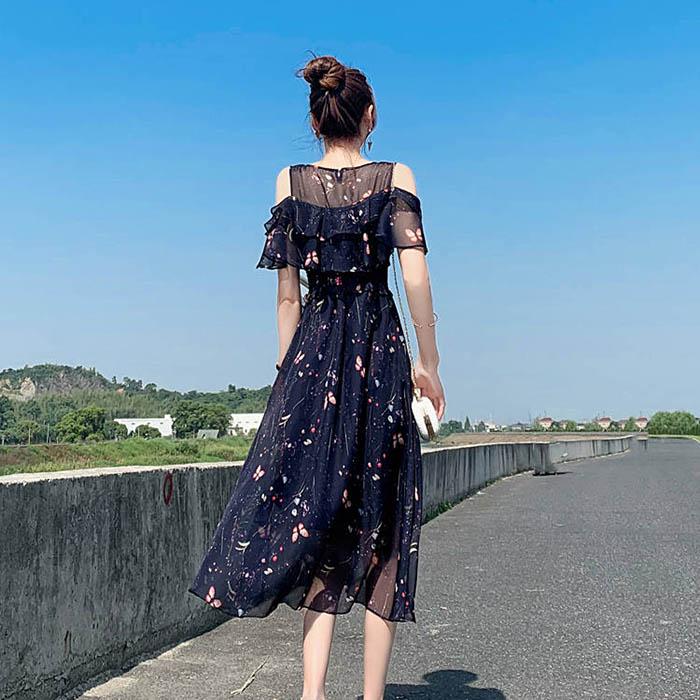 Pofulove XS-2XL Women O-neck Off Shoulder Print Chiffon Dress Slim Short-sleeved Long A-line Dress