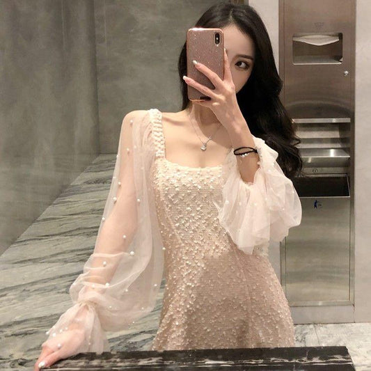 Fashion sexy slim wild mesh dress woman long sleeve lace dress spring and summer woman clothing