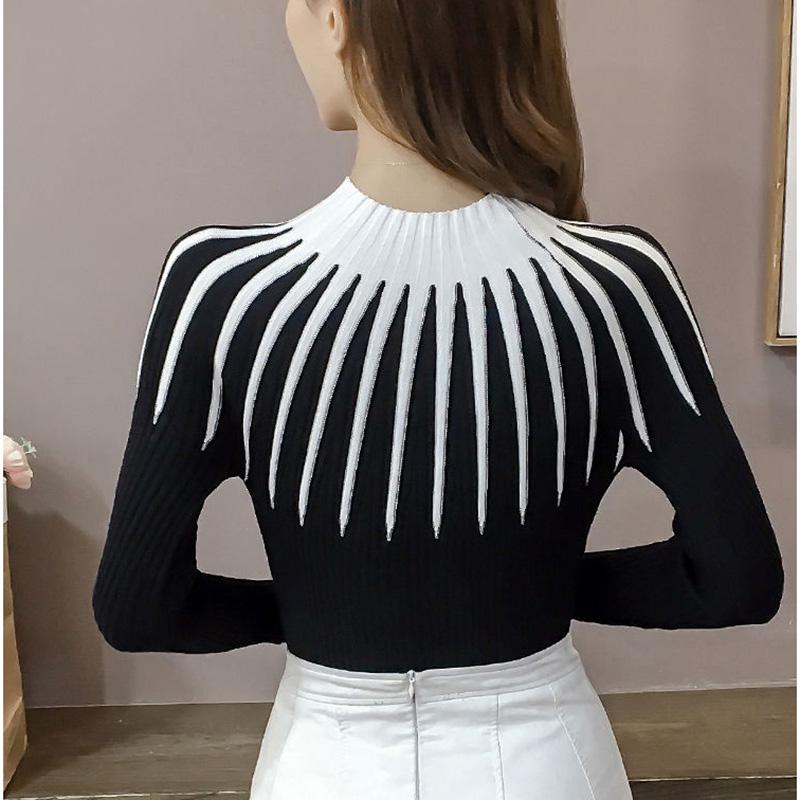 Half-high Neck Bottoming Shirt Women's Fall and Winter Stretch Sweater Women's Thin Pullover Sweater Striped Long-sleeved Top