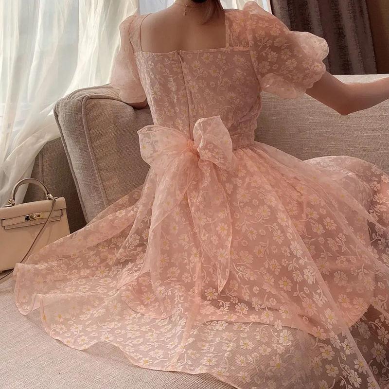 Summer Temperament Bow-knot Big Skirt Short Dress with Daisy Flowers