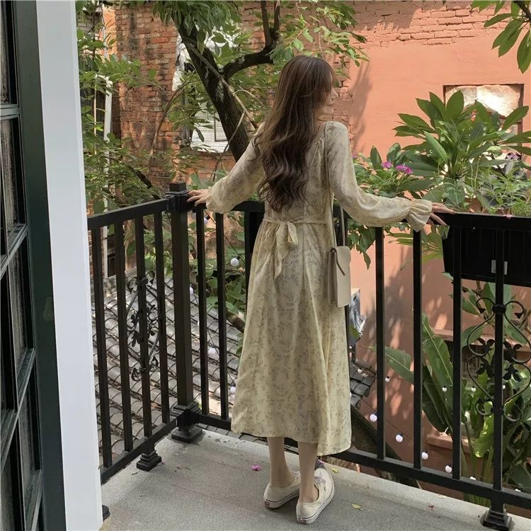 Female Elegant Floral Print Graceful Holiday Dress Vintage Gentle Fairy Long Vacation Slim Dress
