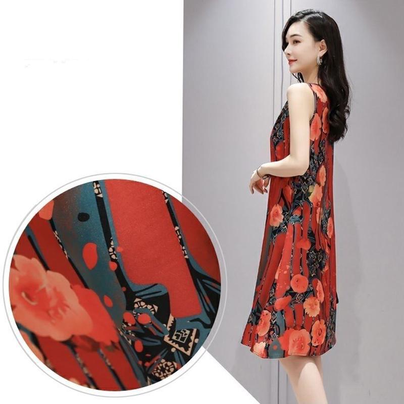 Summer Ethnic Print Dress Round Neck Mom Loose Slim Mid-length Vest Skirt Daily