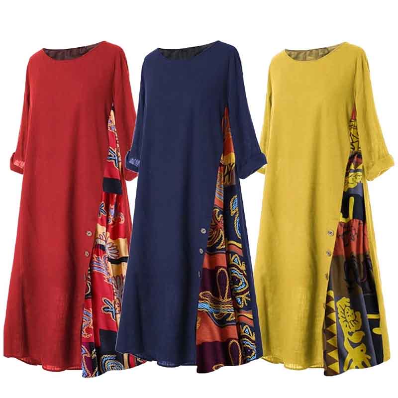 Women Vintage Maxi Dress Summer Solid O Neck Stitching Printed 3/4 Sleeve Side Buttons Dresses Loose Casual Long Dress Plus Size