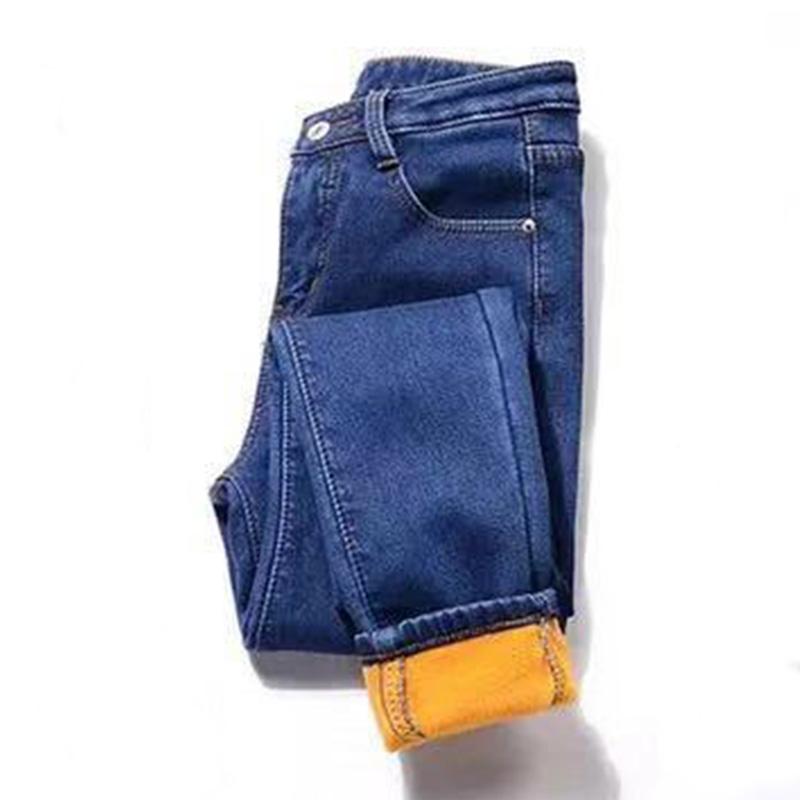 Winter High-waisted Plus Velvet Thickened Jeans Women's Stretch Solid Color Plus Size Slimming Plus Cotton Warm Feet Trousers