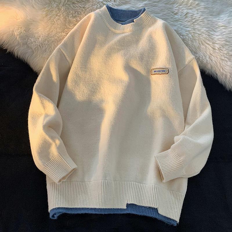 Fake Two White Sweaters for Boys and Girls In Autumn and Winter Loose and Lazy Style Couples Knit Sweater